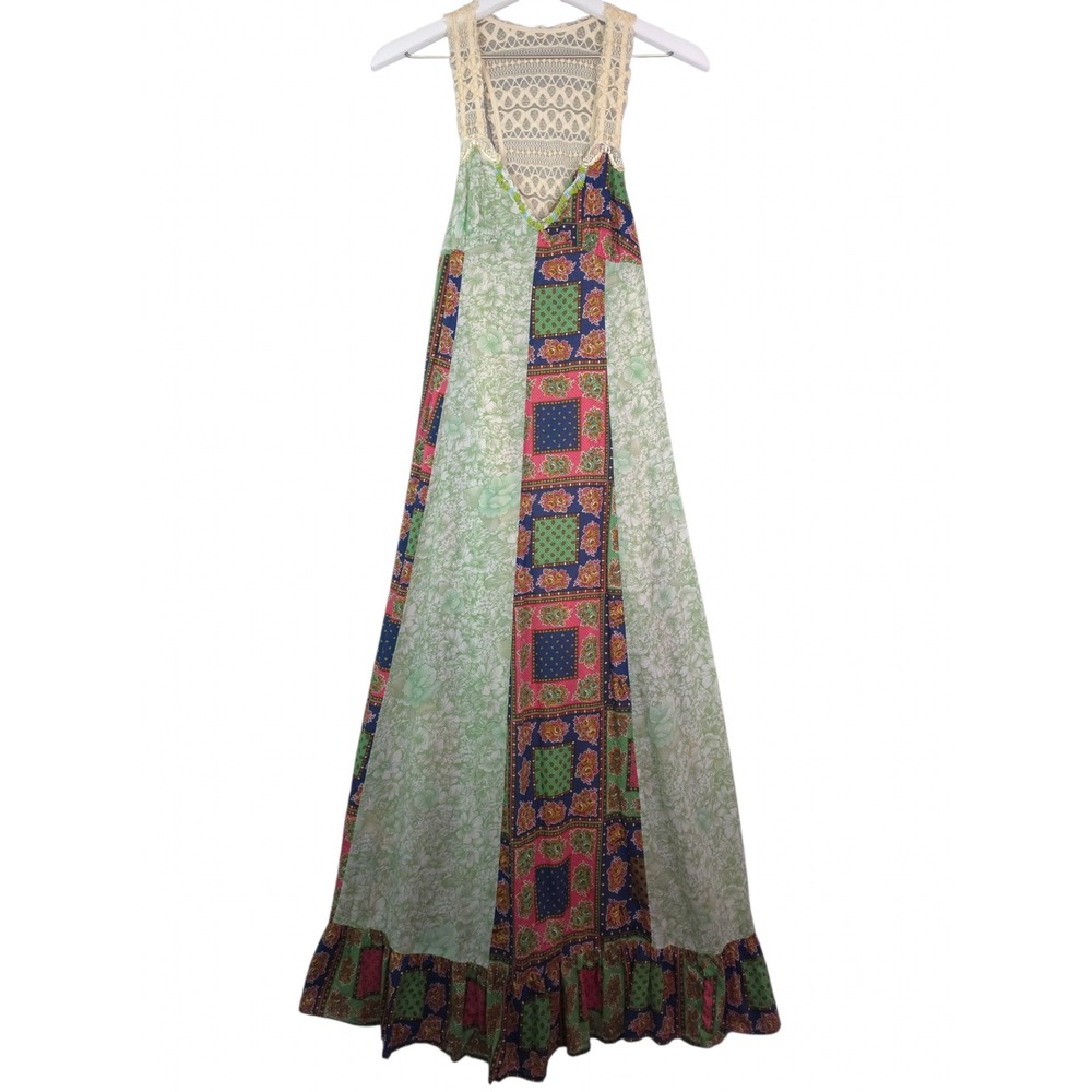 Free People Patchwork Maxi Dress Womens 0 Cotton Floral Crochet Lace Boho Beaded